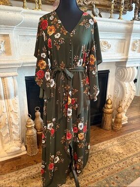 Simplee Apparel Olive Green Floral Maxi Dress NWOT